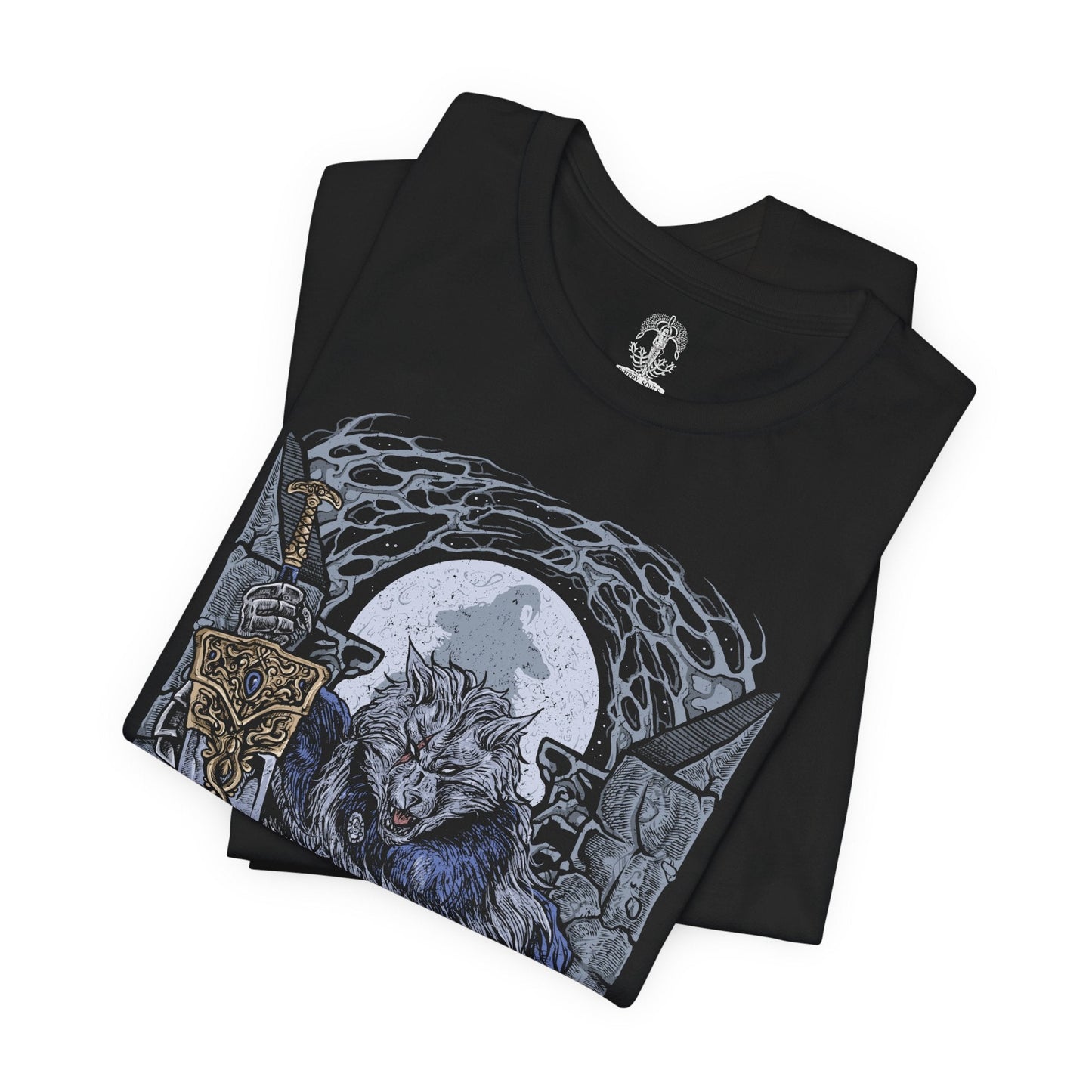 Image 5 of a T-shirt design of Blaidd the Half-Wolf from Elden Ring, the towering wolf knight sworn to Ranni the Witch. Clad in heavy armor and wielding a massive greatsword, Blaidd stands beneath a moonlit sky as his dual nature struggles between loyalty and fate. The design captures his tragic devotion, bestial strength, and inevitable descent driven by the will of the Two Fingers.