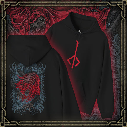 Thumbnail of a Hooded Sweatshirt showcasing the Blood-Starved Beast, one of Bloodborne’s most unsettling foes. With its gaunt body and twitching movements, this terrifying creature exudes poison and plague, a reflection of Yharnam’s corrupted blood rites. The design highlights its haunting presence and erratic savagery, making it a perfect tribute to Bloodborne’s atmosphere of rot, ruin, and madness.
