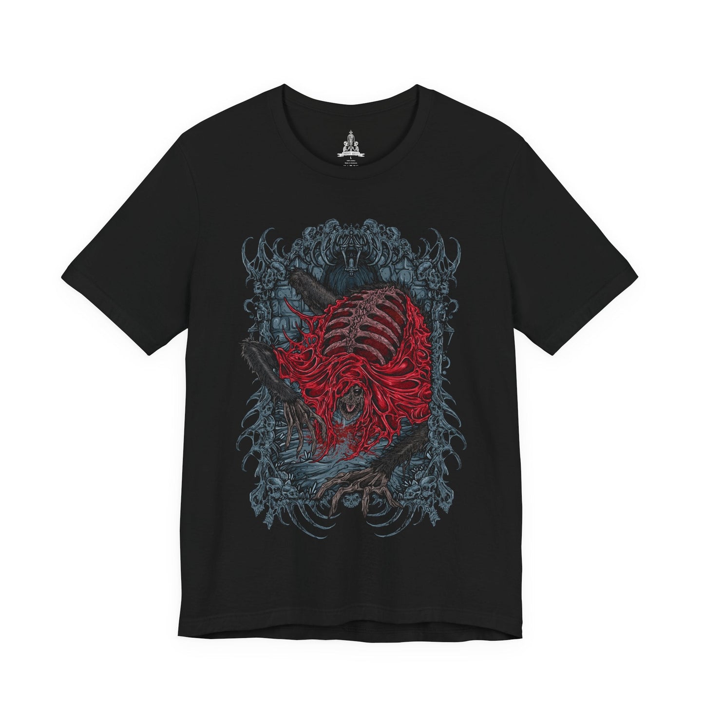 Image 4 of a T-shirt featuring the Blood-Starved Beast from Bloodborne, a grotesque, emaciated creature wrapped in rotting flesh and dripping with plague. Lurking in Old Yharnam, this frenzied abomination embodies the city’s festering sickness and the horrors unleashed by forbidden blood. This design captures the beast’s twisted, skeletal frame and ravenous fury—an eerie symbol of the hunt’s decaying world.