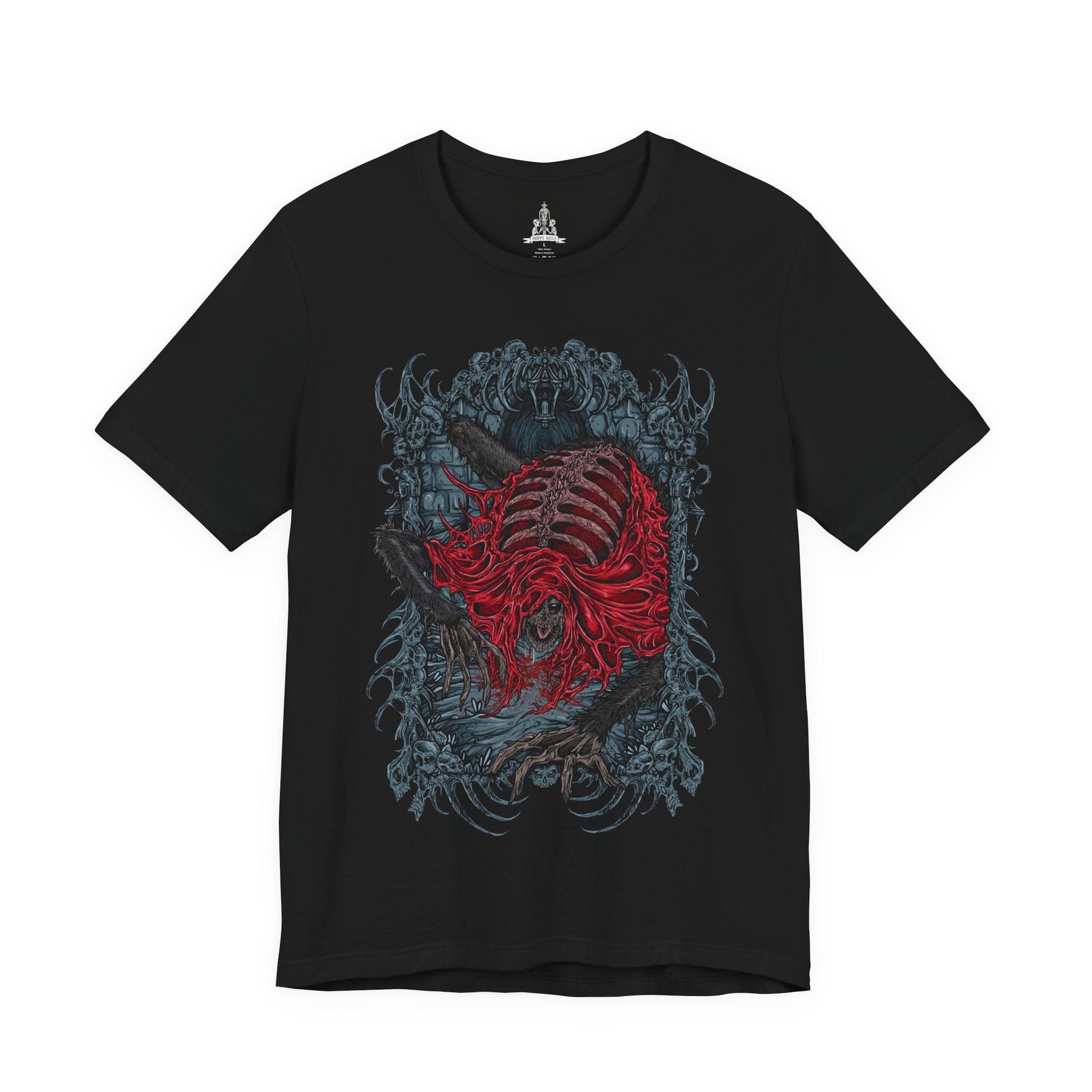 Image 4 of a T-shirt featuring the Blood-Starved Beast from Bloodborne, a grotesque, emaciated creature wrapped in rotting flesh and dripping with plague. Lurking in Old Yharnam, this frenzied abomination embodies the city’s festering sickness and the horrors unleashed by forbidden blood. This design captures the beast’s twisted, skeletal frame and ravenous fury—an eerie symbol of the hunt’s decaying world.