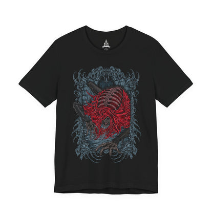 Image 4 of a T-shirt featuring the Blood-Starved Beast from Bloodborne, a grotesque, emaciated creature wrapped in rotting flesh and dripping with plague. Lurking in Old Yharnam, this frenzied abomination embodies the city’s festering sickness and the horrors unleashed by forbidden blood. This design captures the beast’s twisted, skeletal frame and ravenous fury—an eerie symbol of the hunt’s decaying world.