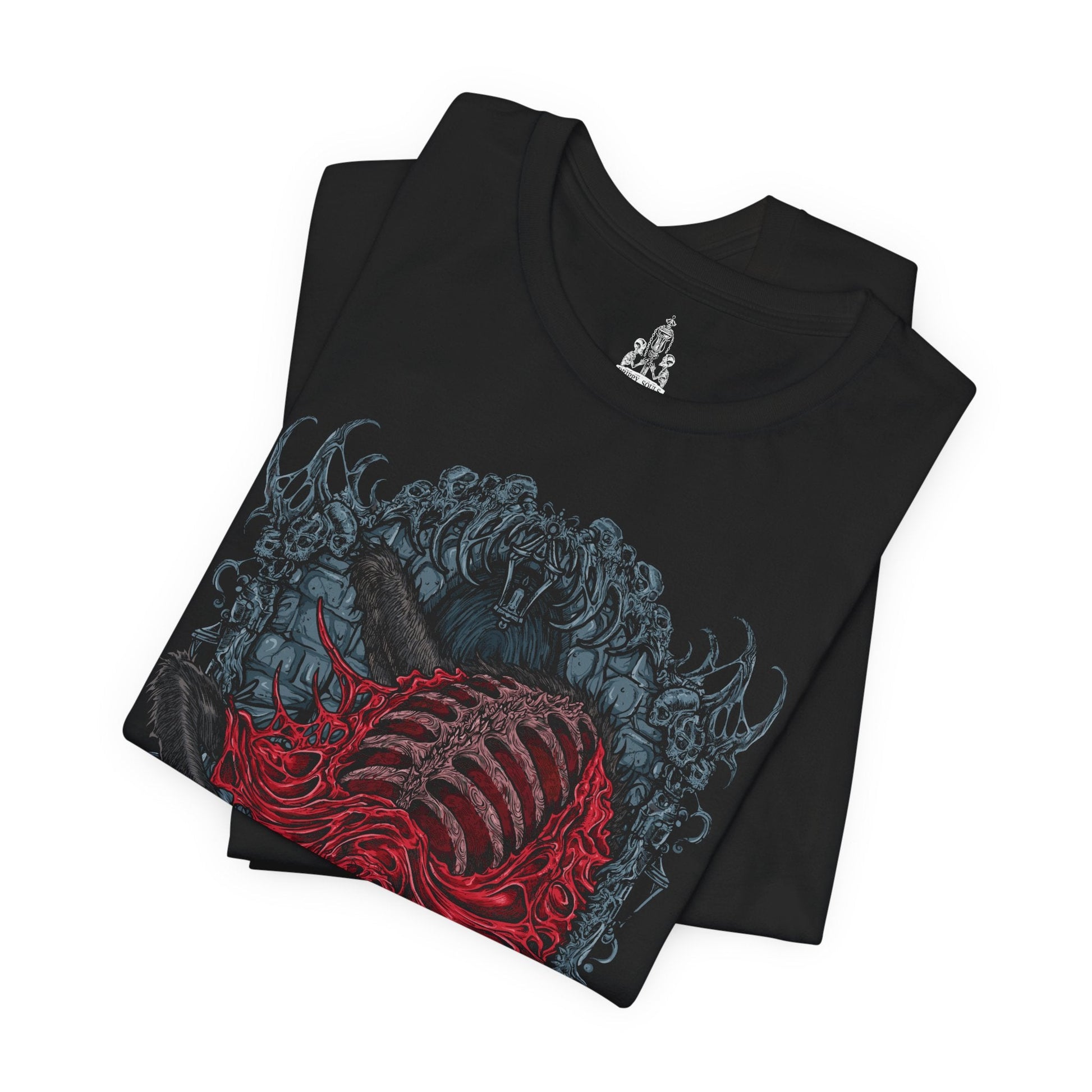 Image 5 of a T-shirt featuring the Blood-Starved Beast from Bloodborne, a grotesque, emaciated creature wrapped in rotting flesh and dripping with plague. Lurking in Old Yharnam, this frenzied abomination embodies the city’s festering sickness and the horrors unleashed by forbidden blood. This design captures the beast’s twisted, skeletal frame and ravenous fury—an eerie symbol of the hunt’s decaying world.