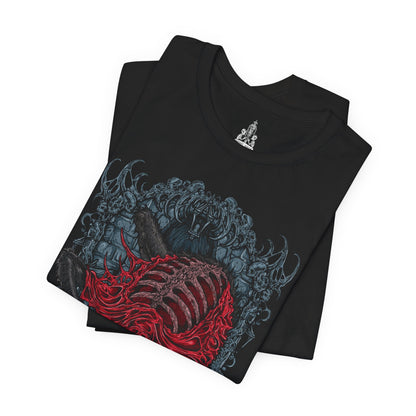 Image 5 of a T-shirt featuring the Blood-Starved Beast from Bloodborne, a grotesque, emaciated creature wrapped in rotting flesh and dripping with plague. Lurking in Old Yharnam, this frenzied abomination embodies the city’s festering sickness and the horrors unleashed by forbidden blood. This design captures the beast’s twisted, skeletal frame and ravenous fury—an eerie symbol of the hunt’s decaying world.
