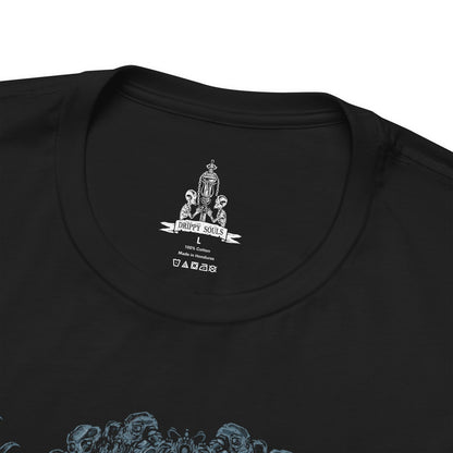 Folded T-shirt featuring the Blood-Starved Beast from Bloodborne, a grotesque, emaciated creature wrapped in rotting flesh and dripping with plague. Lurking in Old Yharnam, this frenzied abomination embodies the city’s festering sickness and the horrors unleashed by forbidden blood. This design captures the beast’s twisted, skeletal frame and ravenous fury—an eerie symbol of the hunt’s decaying world.