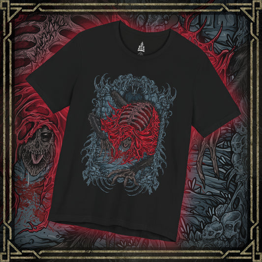 Thumbnail of a T-shirt featuring the Blood-Starved Beast from Bloodborne, a grotesque, emaciated creature wrapped in rotting flesh and dripping with plague. Lurking in Old Yharnam, this frenzied abomination embodies the city’s festering sickness and the horrors unleashed by forbidden blood. This design captures the beast’s twisted, skeletal frame and ravenous fury—an eerie symbol of the hunt’s decaying world.