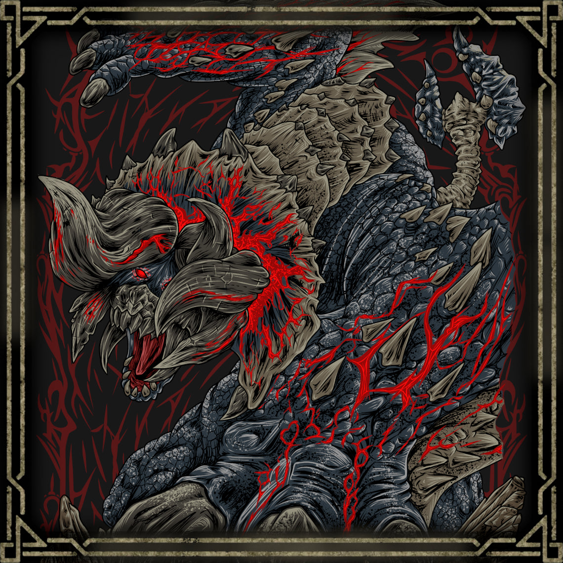 Concept Art of Bloodbath Diablos. Bloodbath Diablos stands among the most legendary Deviant Monsters in the Monster Hunter. As its rage reaches its peak, it enters a terrifying empowered state, unleashing relentless charges, explosive attacks, and overwhelming physical force. Its brutal design, tragic origins, and extraordinary difficulty have made Bloodbath Diablos one of the franchise's most iconic endgame hunts.