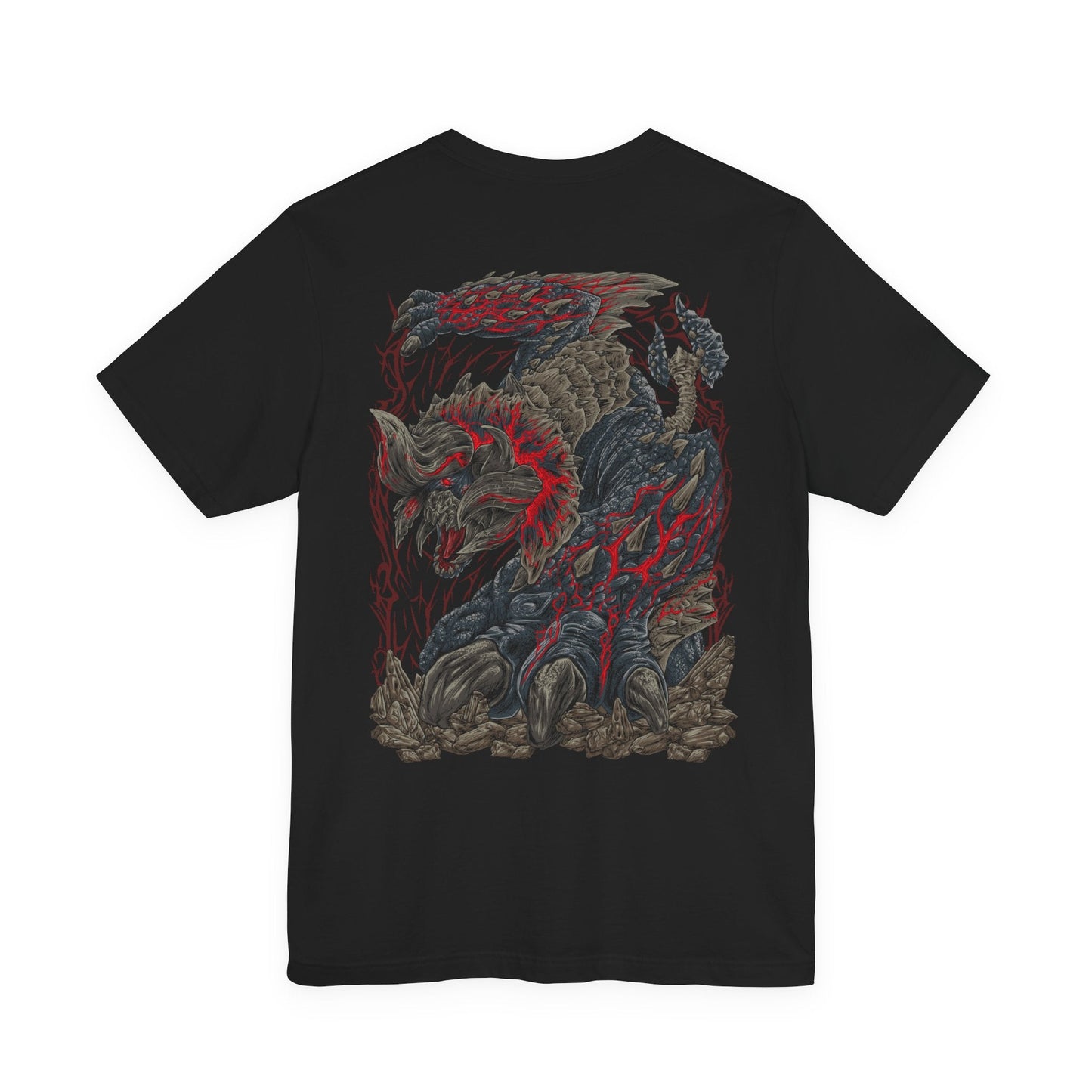 Image 5 of a T-Shirt artwork depicting Bloodbath Diablos emerging from beneath the desert sands, crimson-black horns and scarred armor gleaming beneath a blazing sun. Its enraged roar shakes the canyon as blood-red steam pours from its body and shattered rock flies in every direction. This design reflects the terrifying rage, unmatched resilience, and overwhelming power of one of Monster Hunter's most legendary Deviants.