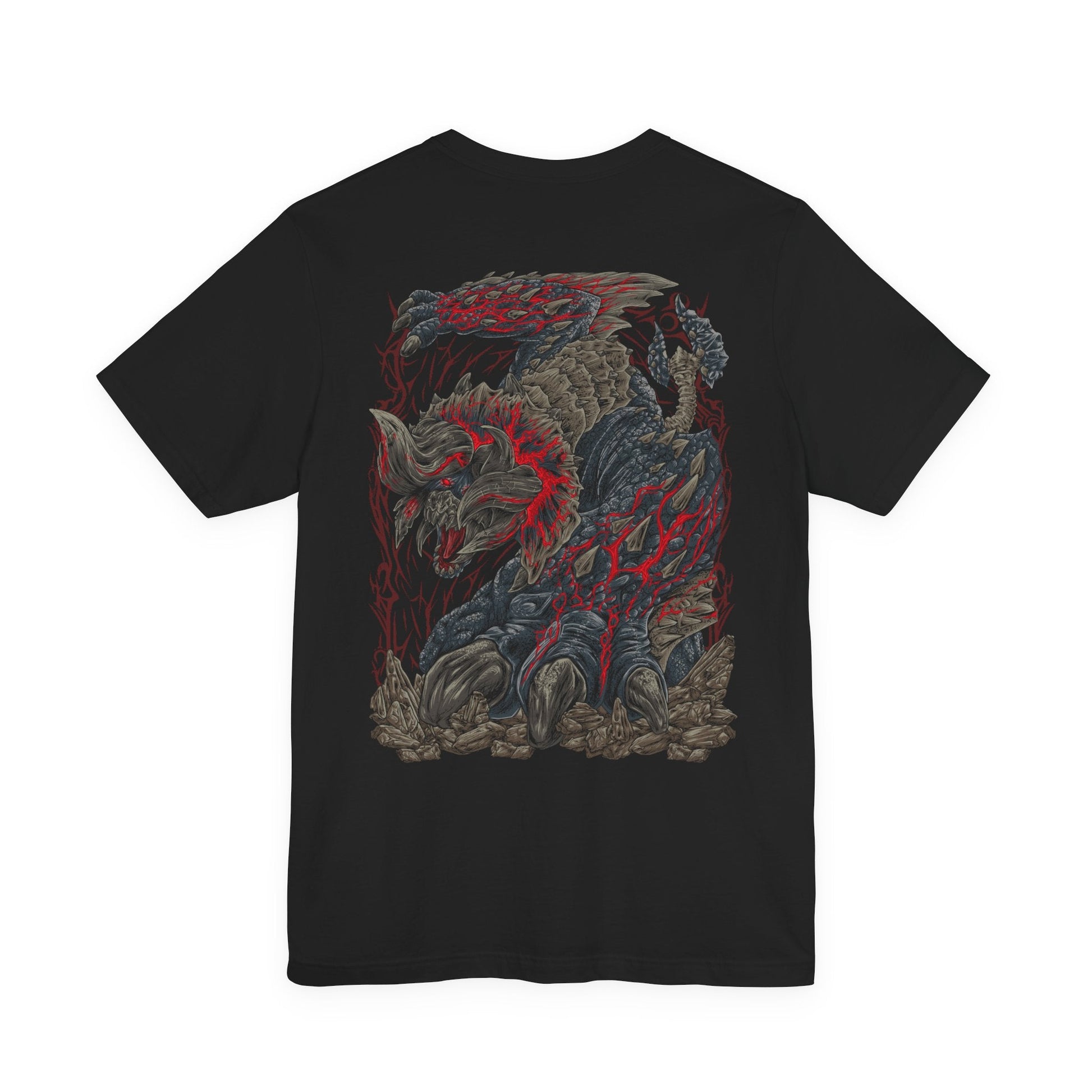 Image 5 of a T-Shirt artwork depicting Bloodbath Diablos emerging from beneath the desert sands, crimson-black horns and scarred armor gleaming beneath a blazing sun. Its enraged roar shakes the canyon as blood-red steam pours from its body and shattered rock flies in every direction. This design reflects the terrifying rage, unmatched resilience, and overwhelming power of one of Monster Hunter's most legendary Deviants.