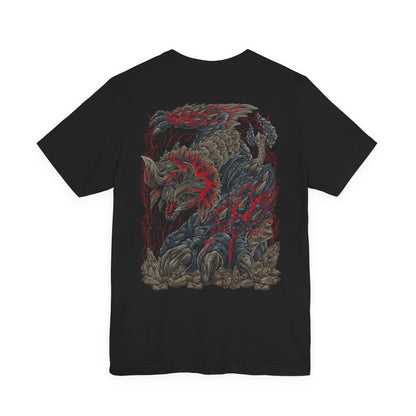 Image 5 of a T-Shirt artwork depicting Bloodbath Diablos emerging from beneath the desert sands, crimson-black horns and scarred armor gleaming beneath a blazing sun. Its enraged roar shakes the canyon as blood-red steam pours from its body and shattered rock flies in every direction. This design reflects the terrifying rage, unmatched resilience, and overwhelming power of one of Monster Hunter's most legendary Deviants.