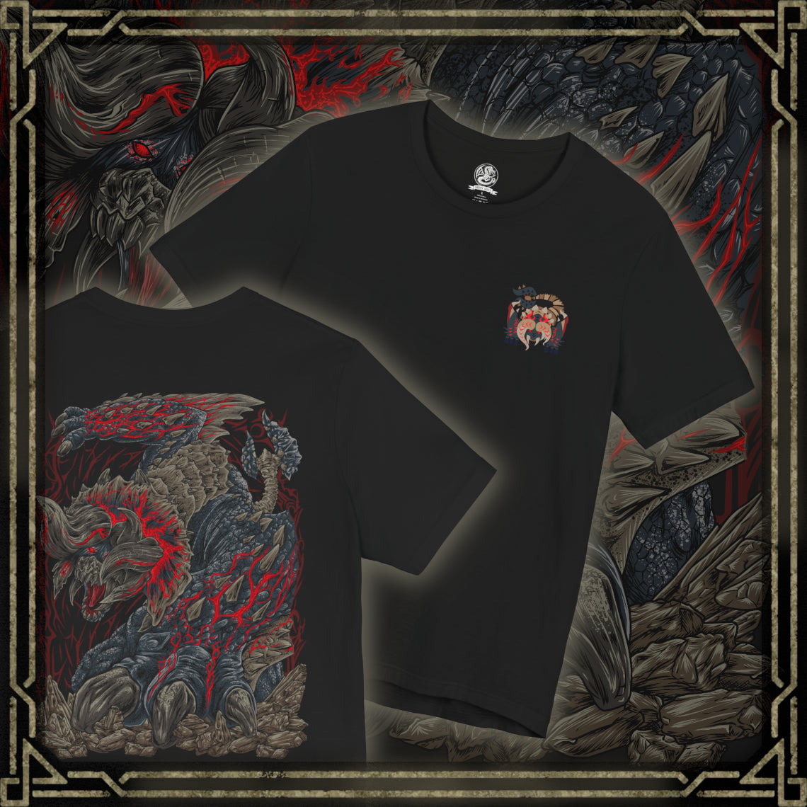 Thumbnail of a T-Shirt artwork depicting Bloodbath Diablos emerging from beneath the desert sands, crimson-black horns and scarred armor gleaming beneath a blazing sun. Its enraged roar shakes the canyon as blood-red steam pours from its body and shattered rock flies in every direction. This design reflects the terrifying rage, unmatched resilience, and overwhelming power of one of Monster Hunter's most legendary Deviants.