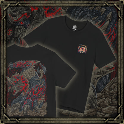 Thumbnail of a T-Shirt artwork depicting Bloodbath Diablos emerging from beneath the desert sands, crimson-black horns and scarred armor gleaming beneath a blazing sun. Its enraged roar shakes the canyon as blood-red steam pours from its body and shattered rock flies in every direction. This design reflects the terrifying rage, unmatched resilience, and overwhelming power of one of Monster Hunter's most legendary Deviants.