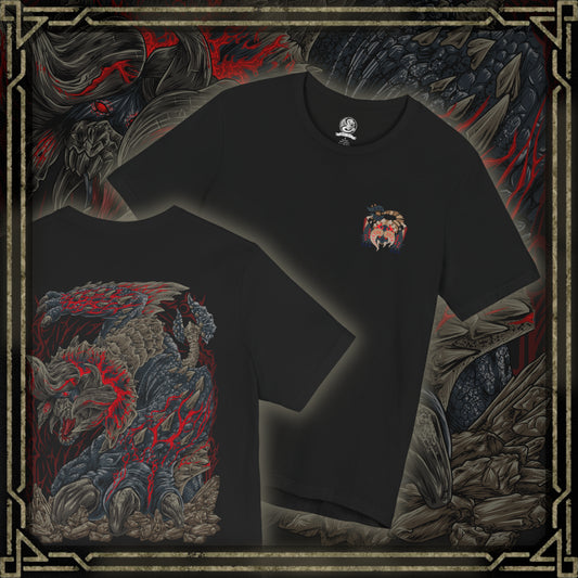 Thumbnail of a T-Shirt artwork depicting Bloodbath Diablos emerging from beneath the desert sands, crimson-black horns and scarred armor gleaming beneath a blazing sun. Its enraged roar shakes the canyon as blood-red steam pours from its body and shattered rock flies in every direction. This design reflects the terrifying rage, unmatched resilience, and overwhelming power of one of Monster Hunter's most legendary Deviants.