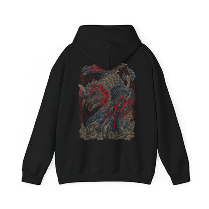 Image 5 of a Hooded Sweatshirt of Bloodbath Diablos standing amid a devastated wasteland, its heavily scarred body radiating heat and fury while crimson energy and swirling sand surround its towering frame. Jagged horns dominate the scene as the ground cracks beneath its charge. The composition emphasizes primal aggression, relentless endurance, and the fearsome reputation of a monster that has survived countless hunts to become a true legend.