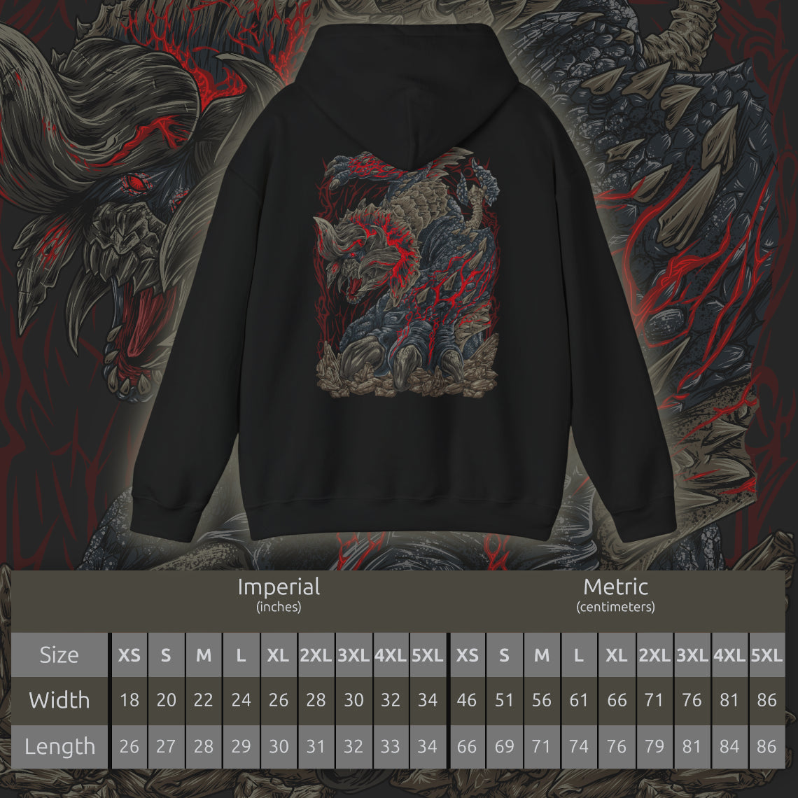 Size chart of a Hooded Sweatshirt of Bloodbath Diablos standing amid a devastated wasteland, its heavily scarred body radiating heat and fury while crimson energy and swirling sand surround its towering frame. Jagged horns dominate the scene as the ground cracks beneath its charge. The composition emphasizes primal aggression, relentless endurance, and the fearsome reputation of a monster that has survived countless hunts to become a true legend.