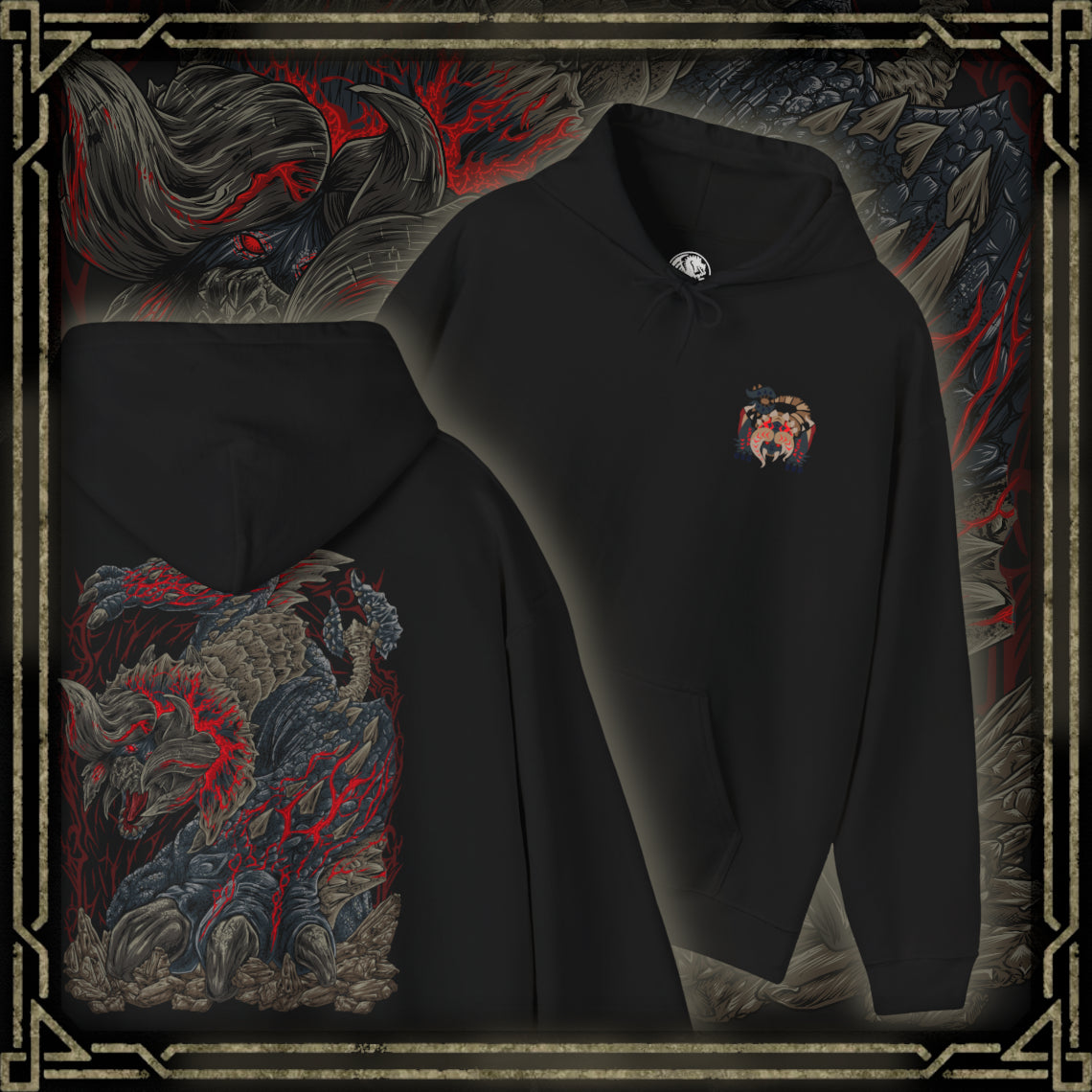 Thumbnail of a Hooded Sweatshirt of Bloodbath Diablos standing amid a devastated wasteland, its heavily scarred body radiating heat and fury while crimson energy and swirling sand surround its towering frame. Jagged horns dominate the scene as the ground cracks beneath its charge. The composition emphasizes primal aggression, relentless endurance, and the fearsome reputation of a monster that has survived countless hunts to become a true legend.