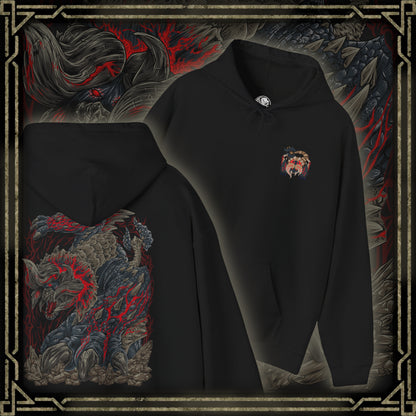 Thumbnail of a Hooded Sweatshirt of Bloodbath Diablos standing amid a devastated wasteland, its heavily scarred body radiating heat and fury while crimson energy and swirling sand surround its towering frame. Jagged horns dominate the scene as the ground cracks beneath its charge. The composition emphasizes primal aggression, relentless endurance, and the fearsome reputation of a monster that has survived countless hunts to become a true legend.