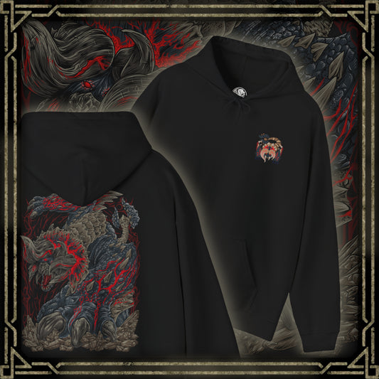Thumbnail of a Hooded Sweatshirt of Bloodbath Diablos standing amid a devastated wasteland, its heavily scarred body radiating heat and fury while crimson energy and swirling sand surround its towering frame. Jagged horns dominate the scene as the ground cracks beneath its charge. The composition emphasizes primal aggression, relentless endurance, and the fearsome reputation of a monster that has survived countless hunts to become a true legend.
