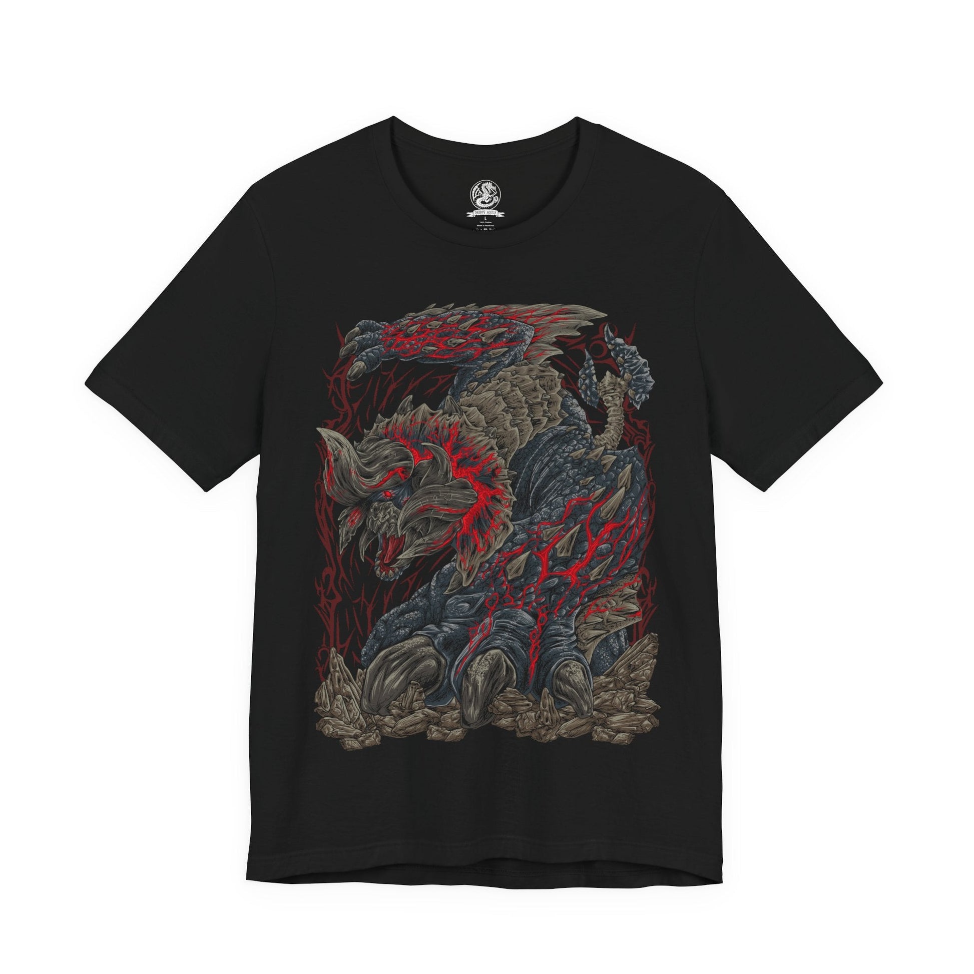 Image 4 of a T-Shirt design of Bloodbath Diablos from Monster Hunter, charging across a scarred desert with its massive black horns stained crimson and steam erupting from deep battle wounds. Sand explodes beneath its immense strength as dust storms engulf the battlefield. The design captures the relentless fury of the Deviant, forged through countless battles into a living force of vengeance and destruction.