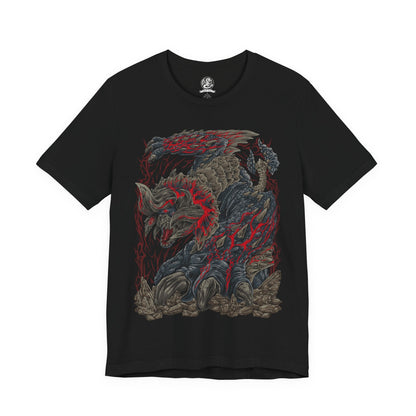 Image 4 of a T-Shirt design of Bloodbath Diablos from Monster Hunter, charging across a scarred desert with its massive black horns stained crimson and steam erupting from deep battle wounds. Sand explodes beneath its immense strength as dust storms engulf the battlefield. The design captures the relentless fury of the Deviant, forged through countless battles into a living force of vengeance and destruction.