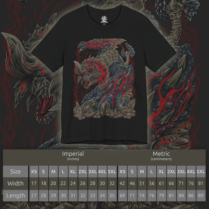 Size chart of a T-Shirt design of Bloodbath Diablos from Monster Hunter, charging across a scarred desert with its massive black horns stained crimson and steam erupting from deep battle wounds. Sand explodes beneath its immense strength as dust storms engulf the battlefield. The design captures the relentless fury of the Deviant, forged through countless battles into a living force of vengeance and destruction.