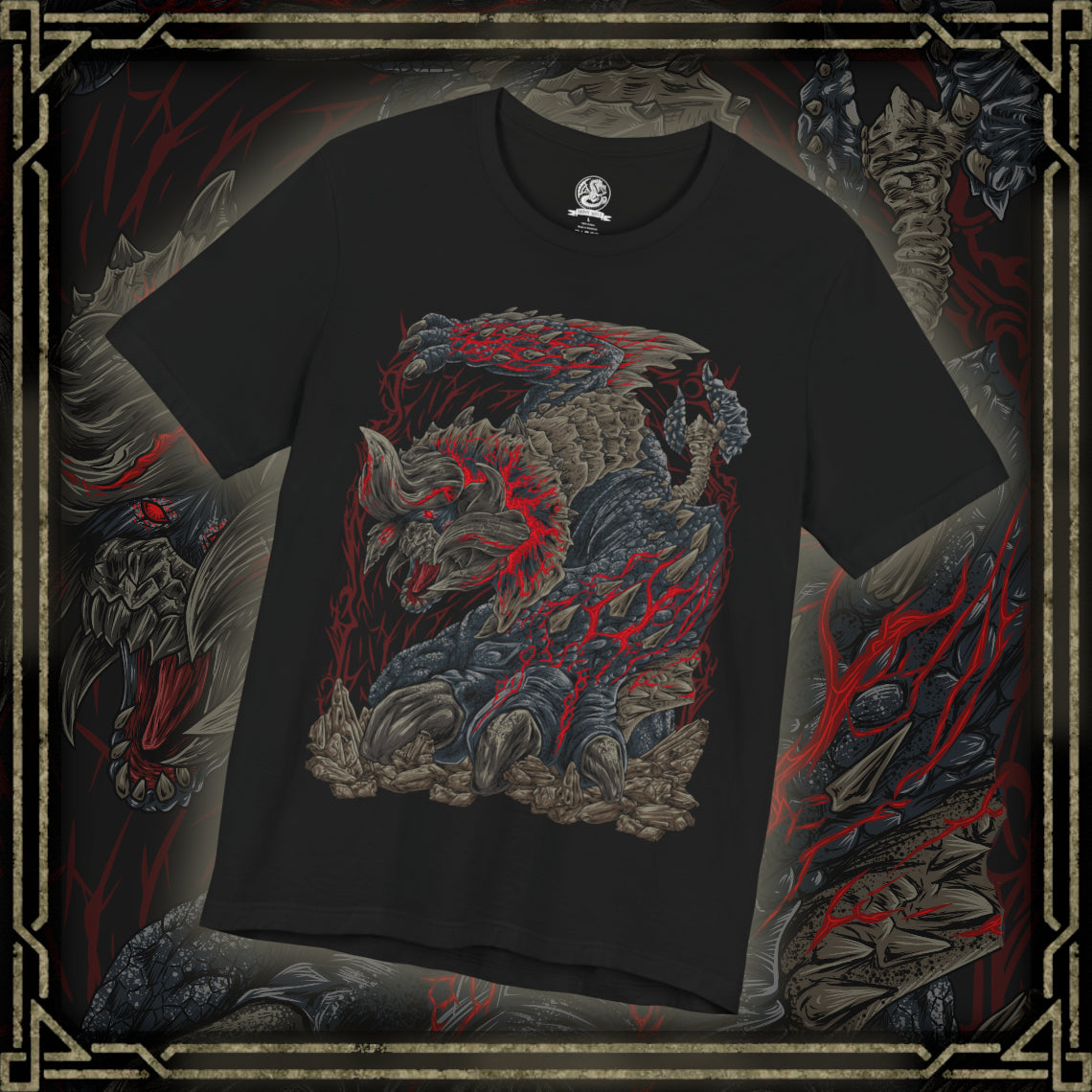 Thumbnail of a T-Shirt design of Bloodbath Diablos from Monster Hunter, charging across a scarred desert with its massive black horns stained crimson and steam erupting from deep battle wounds. Sand explodes beneath its immense strength as dust storms engulf the battlefield. The design captures the relentless fury of the Deviant, forged through countless battles into a living force of vengeance and destruction.