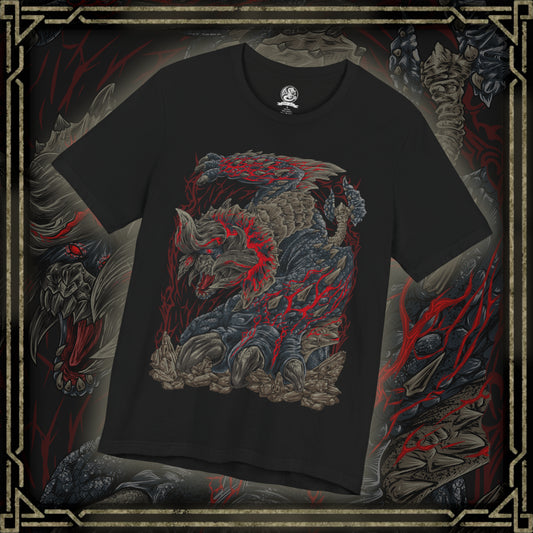 Thumbnail of a T-Shirt design of Bloodbath Diablos from Monster Hunter, charging across a scarred desert with its massive black horns stained crimson and steam erupting from deep battle wounds. Sand explodes beneath its immense strength as dust storms engulf the battlefield. The design captures the relentless fury of the Deviant, forged through countless battles into a living force of vengeance and destruction.