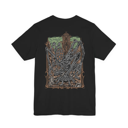 Image 4 of a Bloodborne T-shirt showcasing Amygdala, one of the Great Ones lurking in the Nightmare Frontier. Its elongated limbs and haunting visage represent the alien majesty and cruelty of the cosmos. This artwork evokes the game’s Lovecraftian essence—fear, awe, and the revelation that gods walk unseen among men.
