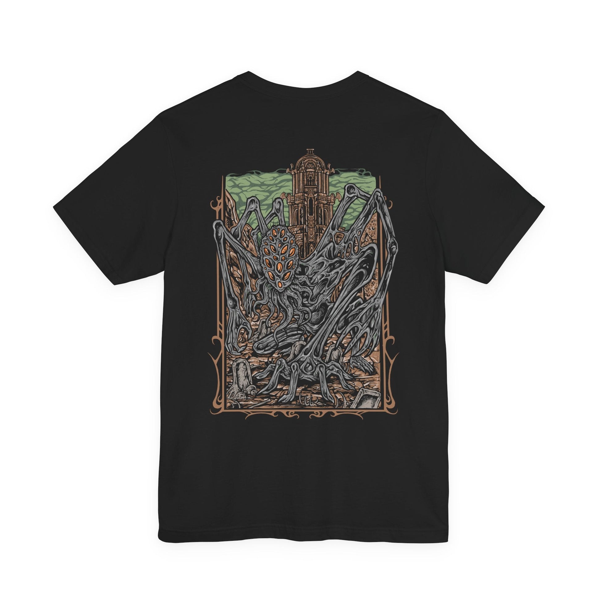 Image 5 of a Bloodborne T-shirt showcasing Amygdala, one of the Great Ones lurking in the Nightmare Frontier. Its elongated limbs and haunting visage represent the alien majesty and cruelty of the cosmos. This artwork evokes the game’s Lovecraftian essence—fear, awe, and the revelation that gods walk unseen among men.