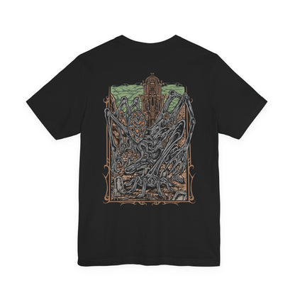 Image 5 of a Bloodborne T-shirt showcasing Amygdala, one of the Great Ones lurking in the Nightmare Frontier. Its elongated limbs and haunting visage represent the alien majesty and cruelty of the cosmos. This artwork evokes the game’s Lovecraftian essence—fear, awe, and the revelation that gods walk unseen among men.