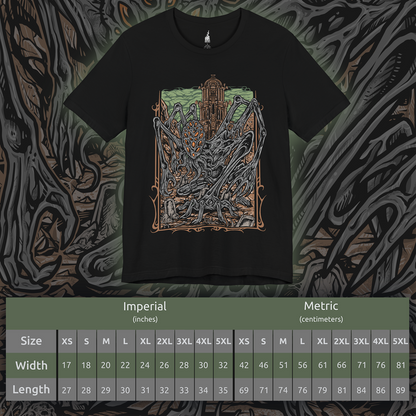 Size chart of a Bloodborne T-shirt showcasing Amygdala, one of the Great Ones lurking in the Nightmare Frontier. Its elongated limbs and haunting visage represent the alien majesty and cruelty of the cosmos. This artwork evokes the game’s Lovecraftian essence—fear, awe, and the revelation that gods walk unseen among men.