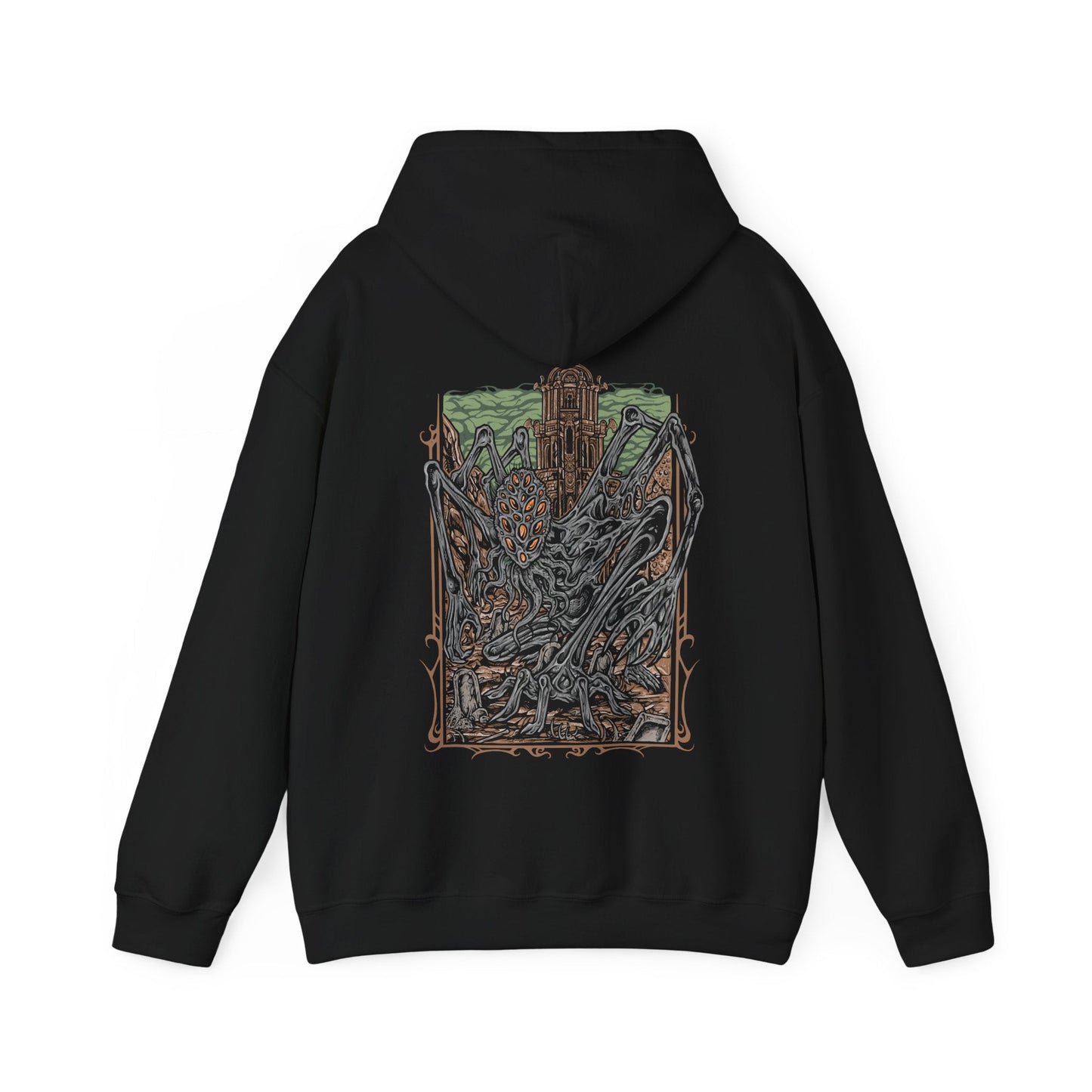 Image 4 of a Hooded Sweatshirt featuring Amygdala from Bloodborne, the immense cosmic being who looms over the world beyond human understanding. A creature of both terror and divinity, Amygdala’s presence warps reality itself. This design captures its unsettling majesty, symbolizing the themes of cosmic insignificance and forbidden knowledge.