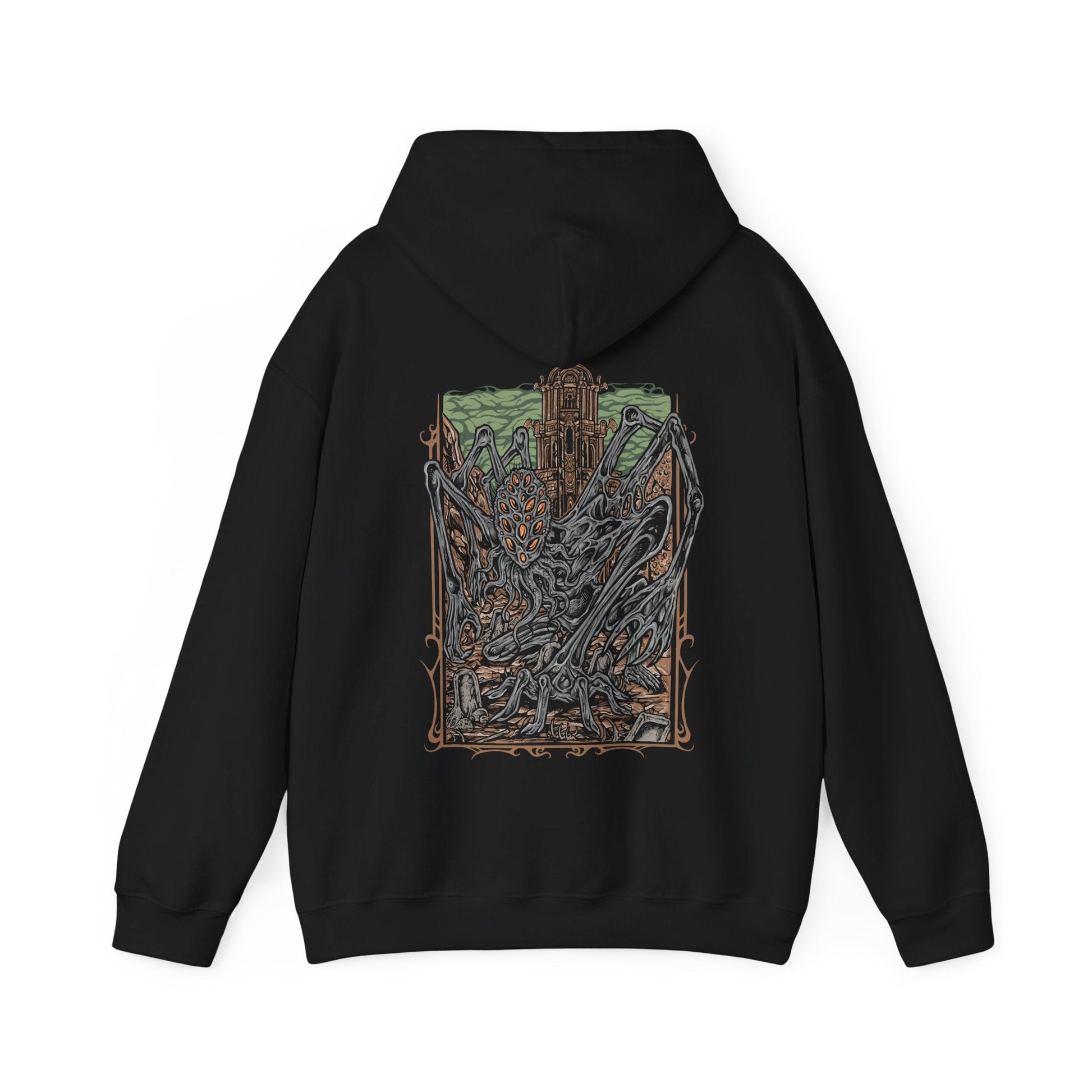 Image 4 of a Hooded Sweatshirt featuring Amygdala from Bloodborne, the immense cosmic being who looms over the world beyond human understanding. A creature of both terror and divinity, Amygdala’s presence warps reality itself. This design captures its unsettling majesty, symbolizing the themes of cosmic insignificance and forbidden knowledge.