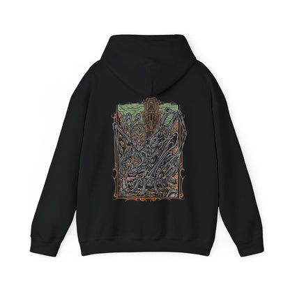 Image 4 of a Hooded Sweatshirt featuring Amygdala from Bloodborne, the immense cosmic being who looms over the world beyond human understanding. A creature of both terror and divinity, Amygdala’s presence warps reality itself. This design captures its unsettling majesty, symbolizing the themes of cosmic insignificance and forbidden knowledge.