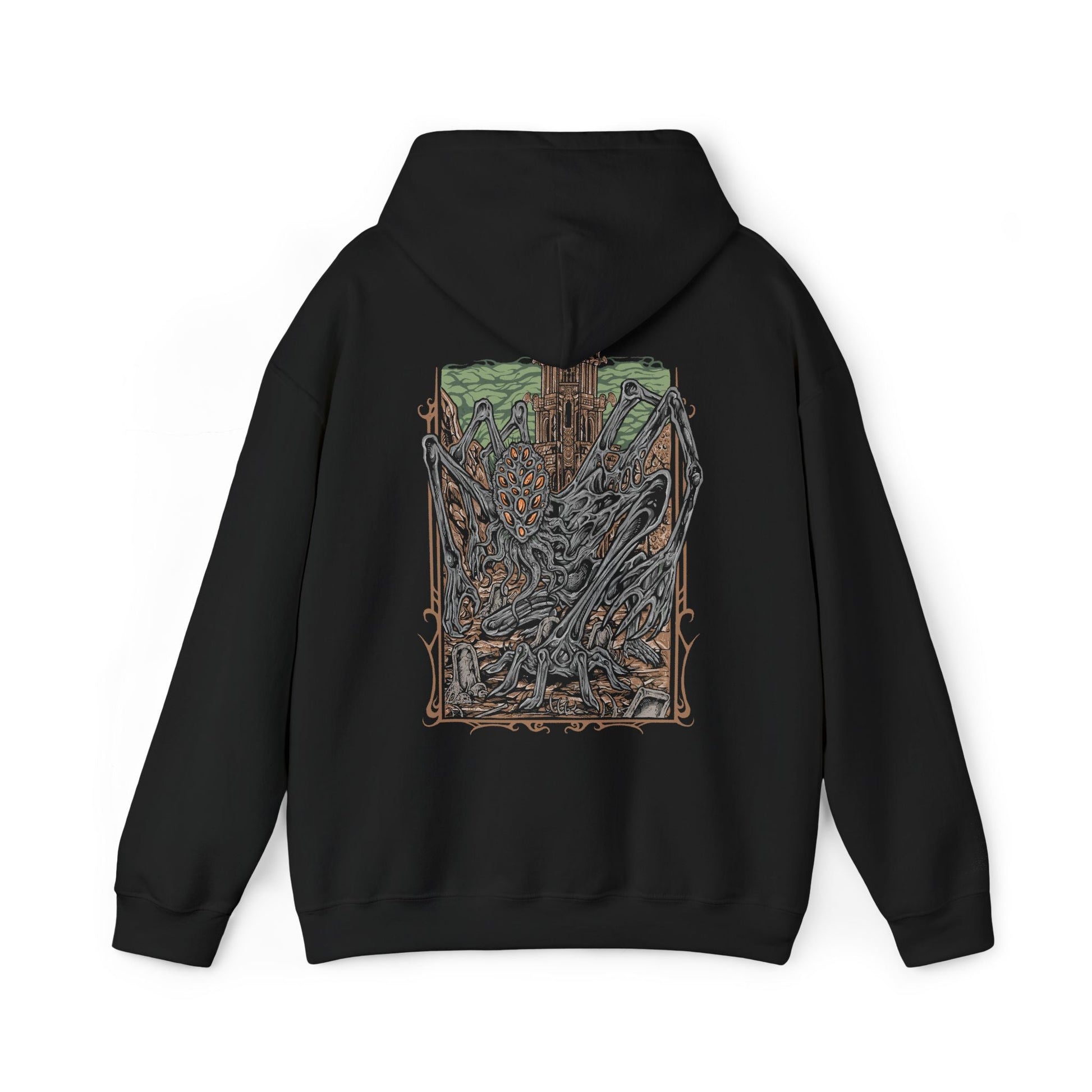 Image 5 of a Hooded Sweatshirt featuring Amygdala from Bloodborne, the immense cosmic being who looms over the world beyond human understanding. A creature of both terror and divinity, Amygdala’s presence warps reality itself. This design captures its unsettling majesty, symbolizing the themes of cosmic insignificance and forbidden knowledge.
