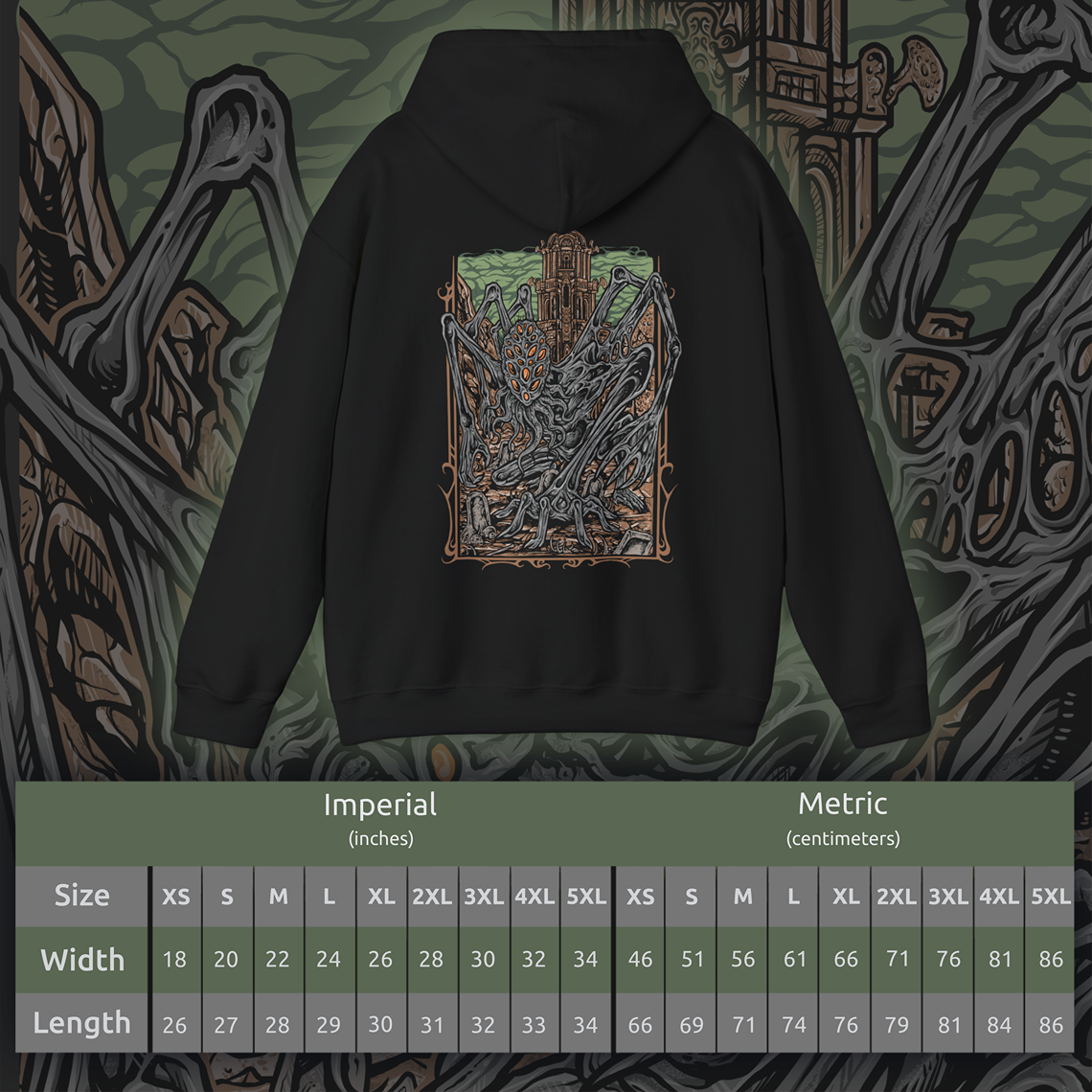 Size chart of a Hooded Sweatshirt featuring Amygdala from Bloodborne, the immense cosmic being who looms over the world beyond human understanding. A creature of both terror and divinity, Amygdala’s presence warps reality itself. This design captures its unsettling majesty, symbolizing the themes of cosmic insignificance and forbidden knowledge.