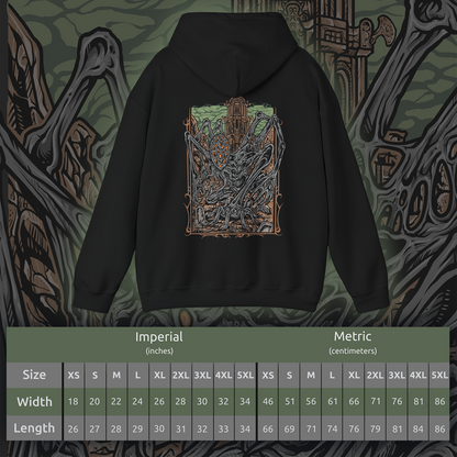 Size chart of a Hooded Sweatshirt featuring Amygdala from Bloodborne, the immense cosmic being who looms over the world beyond human understanding. A creature of both terror and divinity, Amygdala’s presence warps reality itself. This design captures its unsettling majesty, symbolizing the themes of cosmic insignificance and forbidden knowledge.
