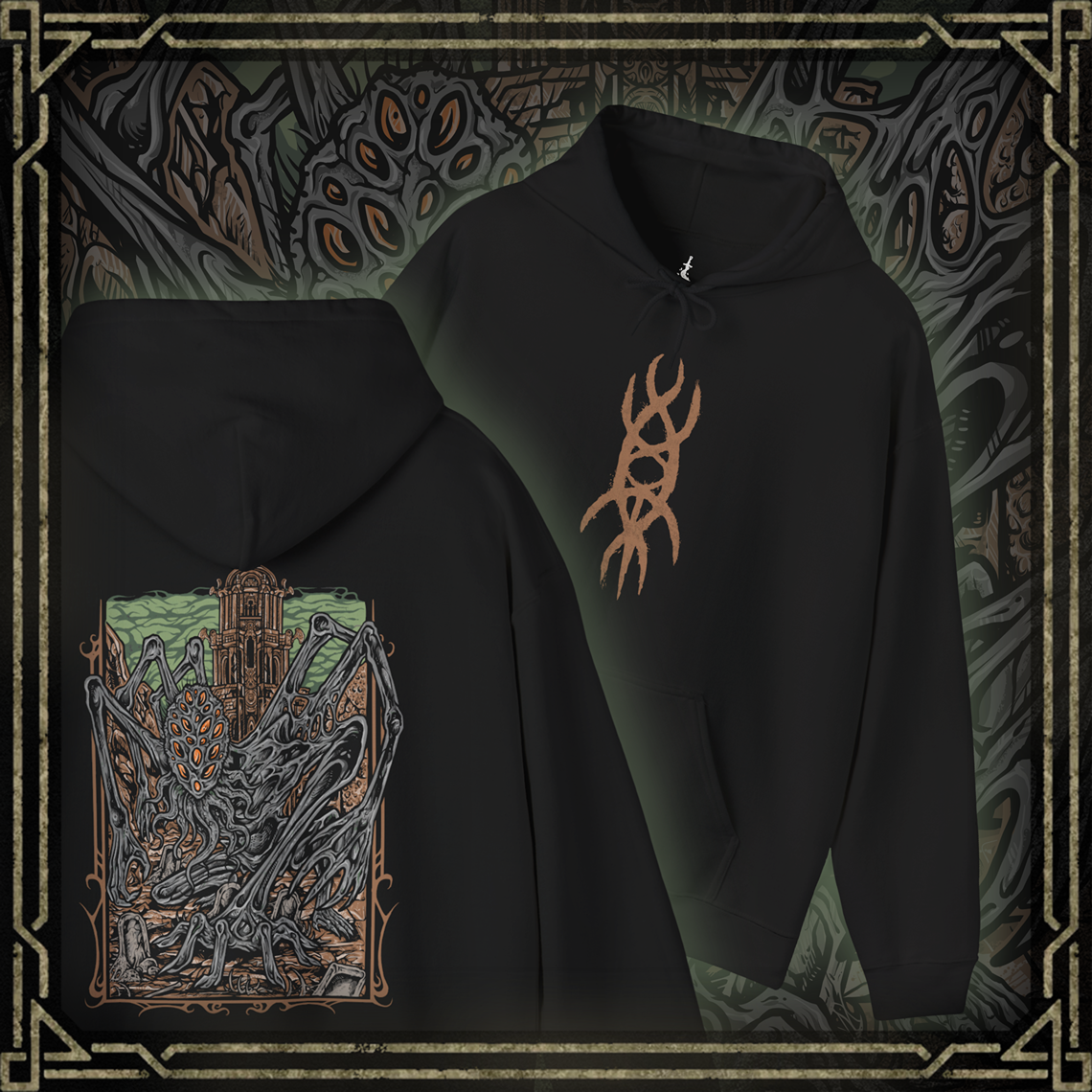Thumbnail of a Hooded Sweatshirt featuring Amygdala from Bloodborne, the immense cosmic being who looms over the world beyond human understanding. A creature of both terror and divinity, Amygdala’s presence warps reality itself. This design captures its unsettling majesty, symbolizing the themes of cosmic insignificance and forbidden knowledge.