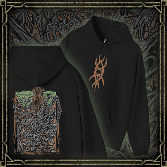 Thumbnail of a Hooded Sweatshirt featuring Amygdala from Bloodborne, the immense cosmic being who looms over the world beyond human understanding. A creature of both terror and divinity, Amygdala’s presence warps reality itself. This design captures its unsettling majesty, symbolizing the themes of cosmic insignificance and forbidden knowledge.