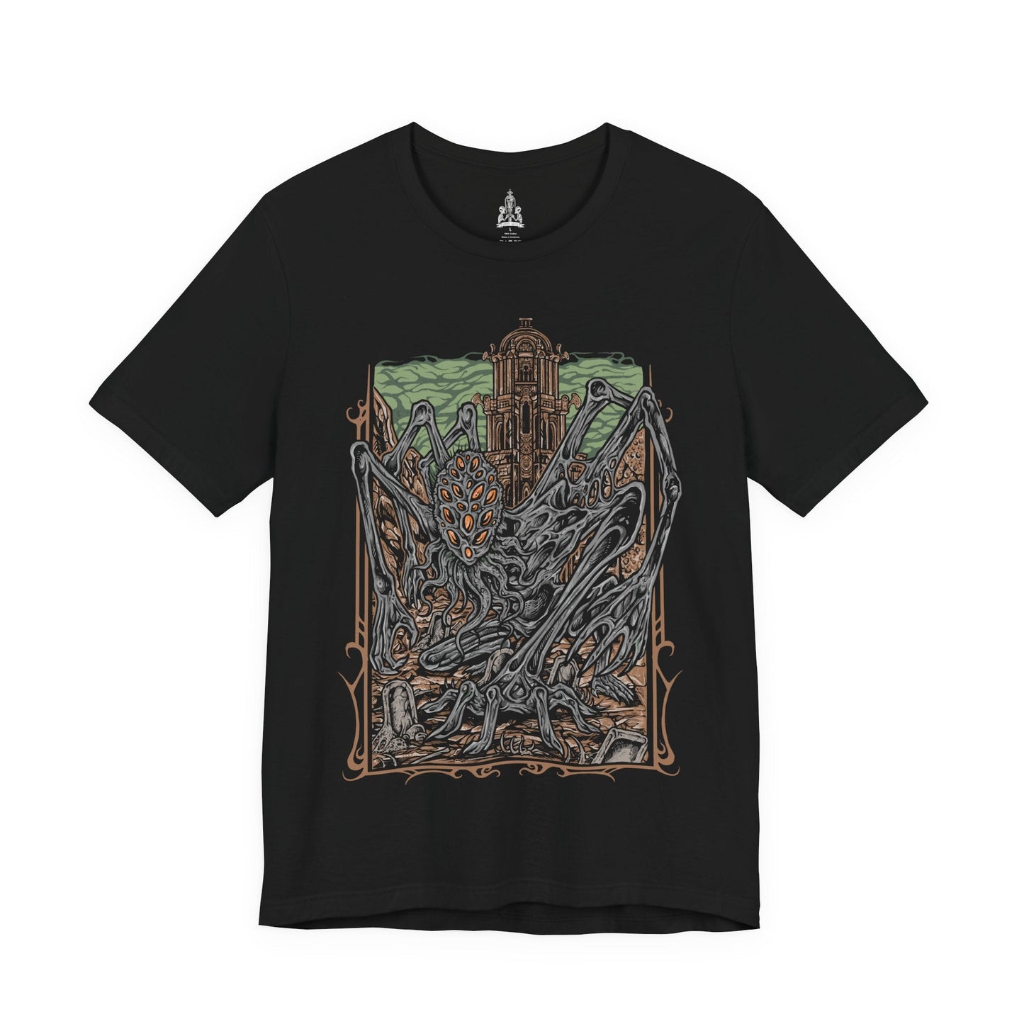 Image 4 of a T-shirt featuring Amygdala from Bloodborne, the towering Great One worshiped by the insane and unseen by most. With countless arms and a grotesque, otherworldly form, Amygdala embodies cosmic dread and the insignificance of humanity before the eldritch. This design captures its nightmarish beauty, a haunting icon of Yharnam’s cosmic horror.