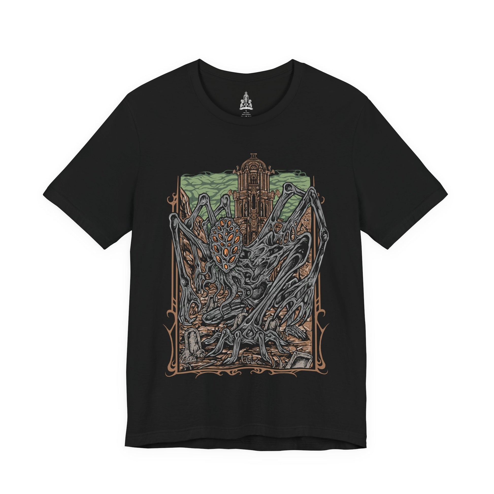 Image 4 of a T-shirt featuring Amygdala from Bloodborne, the towering Great One worshiped by the insane and unseen by most. With countless arms and a grotesque, otherworldly form, Amygdala embodies cosmic dread and the insignificance of humanity before the eldritch. This design captures its nightmarish beauty, a haunting icon of Yharnam’s cosmic horror.