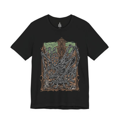 Image 4 of a T-shirt featuring Amygdala from Bloodborne, the towering Great One worshiped by the insane and unseen by most. With countless arms and a grotesque, otherworldly form, Amygdala embodies cosmic dread and the insignificance of humanity before the eldritch. This design captures its nightmarish beauty, a haunting icon of Yharnam’s cosmic horror.