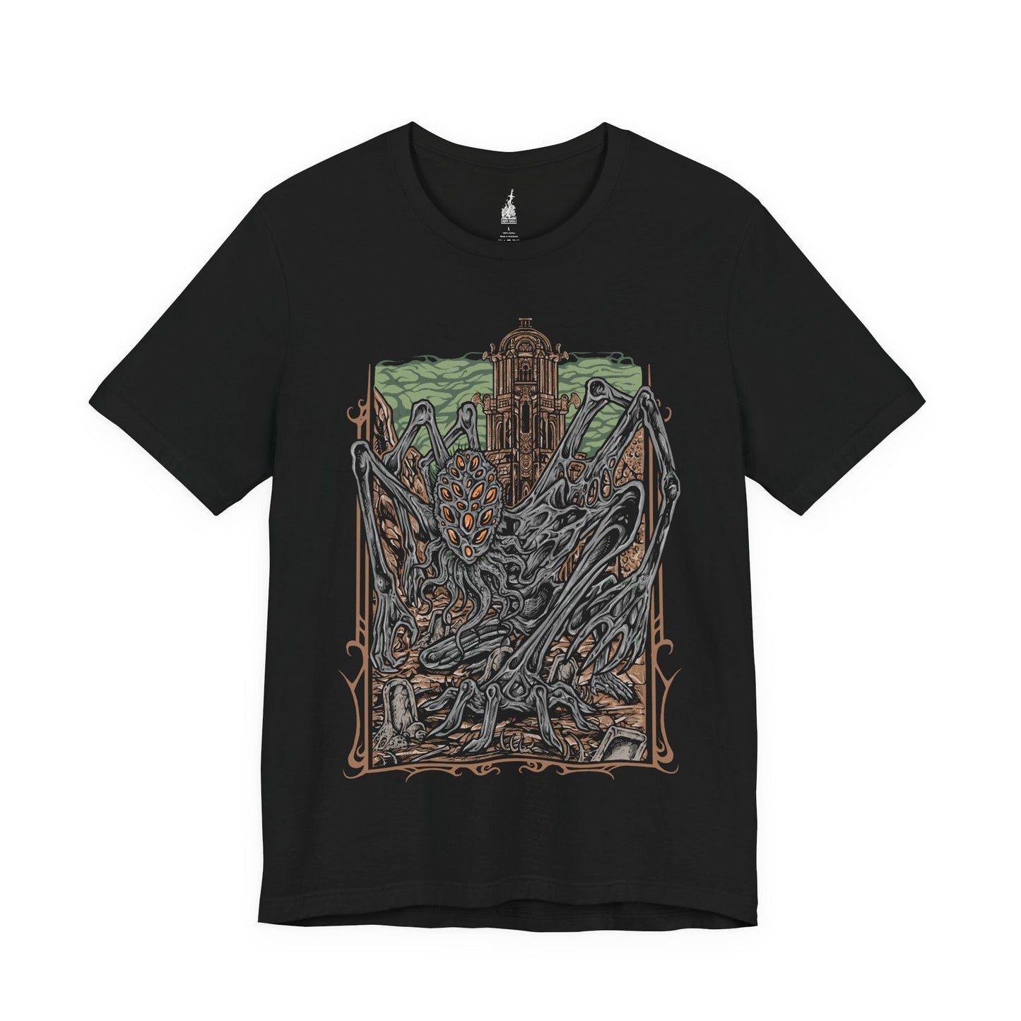 Image 3 of a Black T-shirt featuring Amygdala from Bloodborne, the towering Great One worshiped by the insane and unseen by most. With countless arms and a grotesque, otherworldly form, Amygdala embodies cosmic dread and the insignificance of humanity before the eldritch. This design captures its nightmarish beauty, a haunting icon of Yharnam’s cosmic horror.