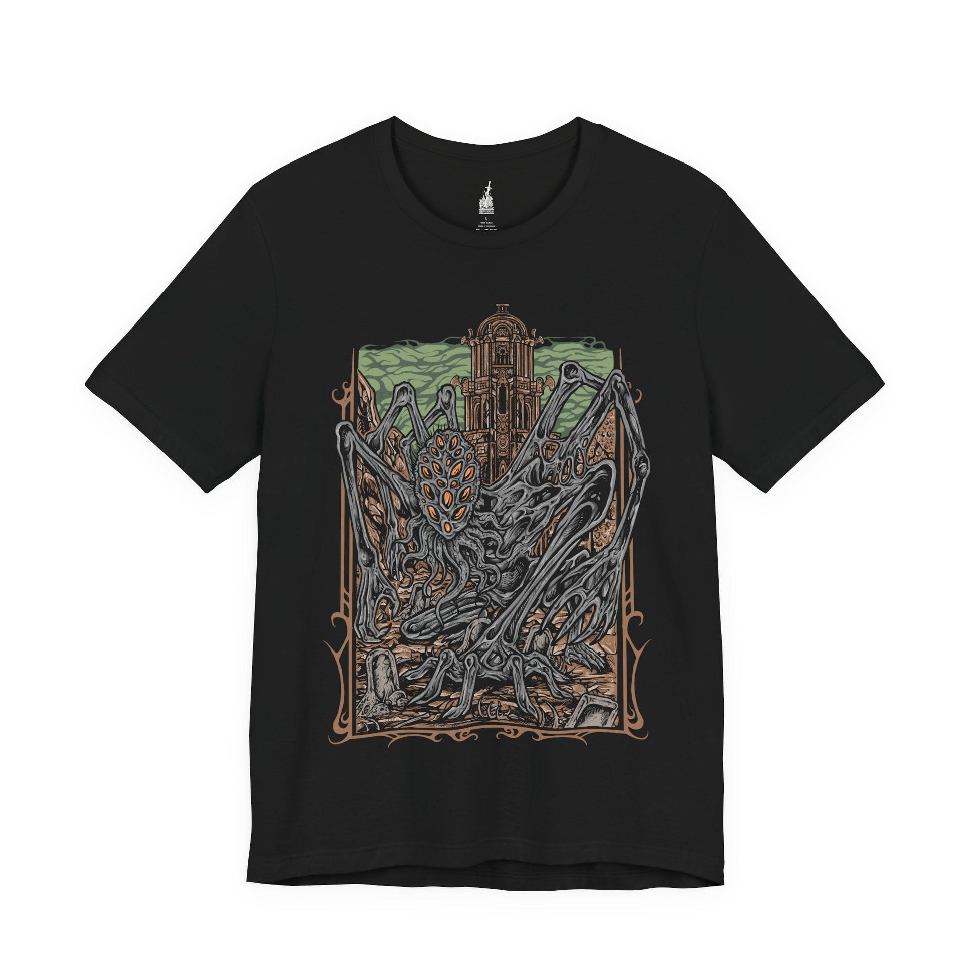 Image 3 of a Black T-shirt featuring Amygdala from Bloodborne, the towering Great One worshiped by the insane and unseen by most. With countless arms and a grotesque, otherworldly form, Amygdala embodies cosmic dread and the insignificance of humanity before the eldritch. This design captures its nightmarish beauty, a haunting icon of Yharnam’s cosmic horror.