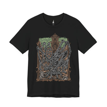 Image 3 of a Black T-shirt featuring Amygdala from Bloodborne, the towering Great One worshiped by the insane and unseen by most. With countless arms and a grotesque, otherworldly form, Amygdala embodies cosmic dread and the insignificance of humanity before the eldritch. This design captures its nightmarish beauty, a haunting icon of Yharnam’s cosmic horror.