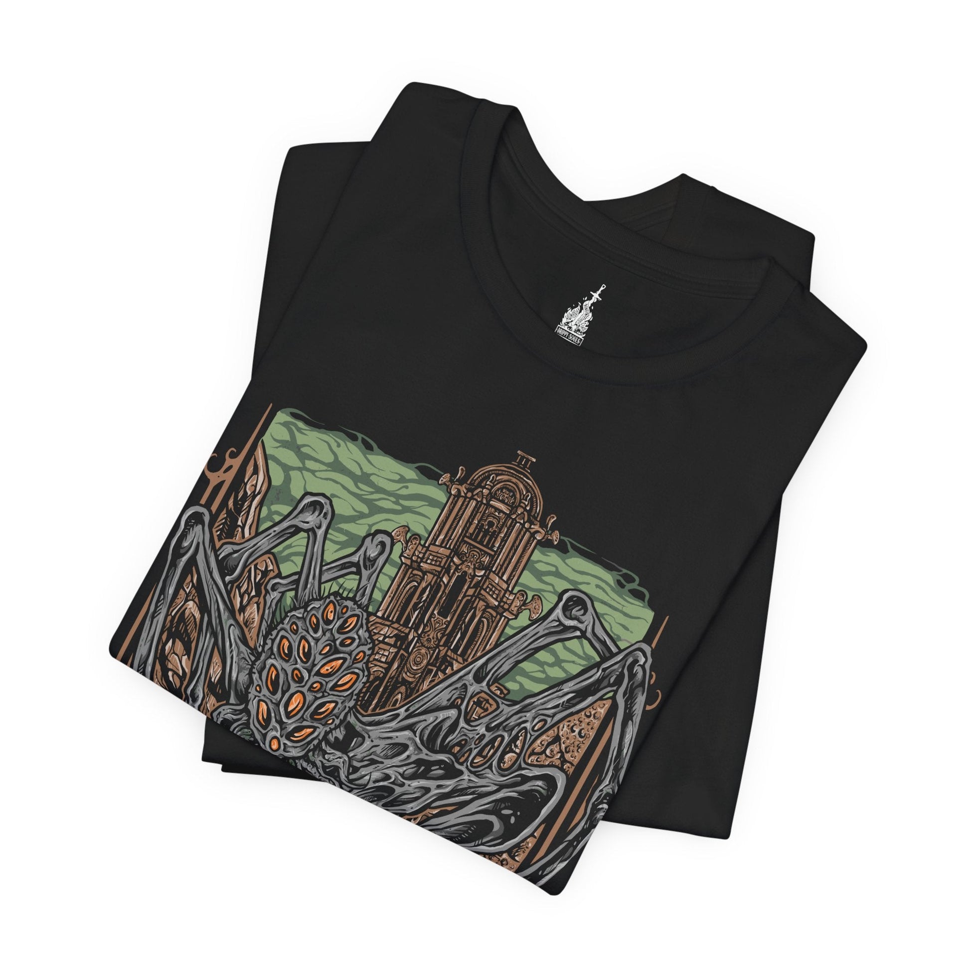 Folded T-shirt featuring Amygdala from Bloodborne, the towering Great One worshiped by the insane and unseen by most. With countless arms and a grotesque, otherworldly form, Amygdala embodies cosmic dread and the insignificance of humanity before the eldritch. This design captures its nightmarish beauty, a haunting icon of Yharnam’s cosmic horror.