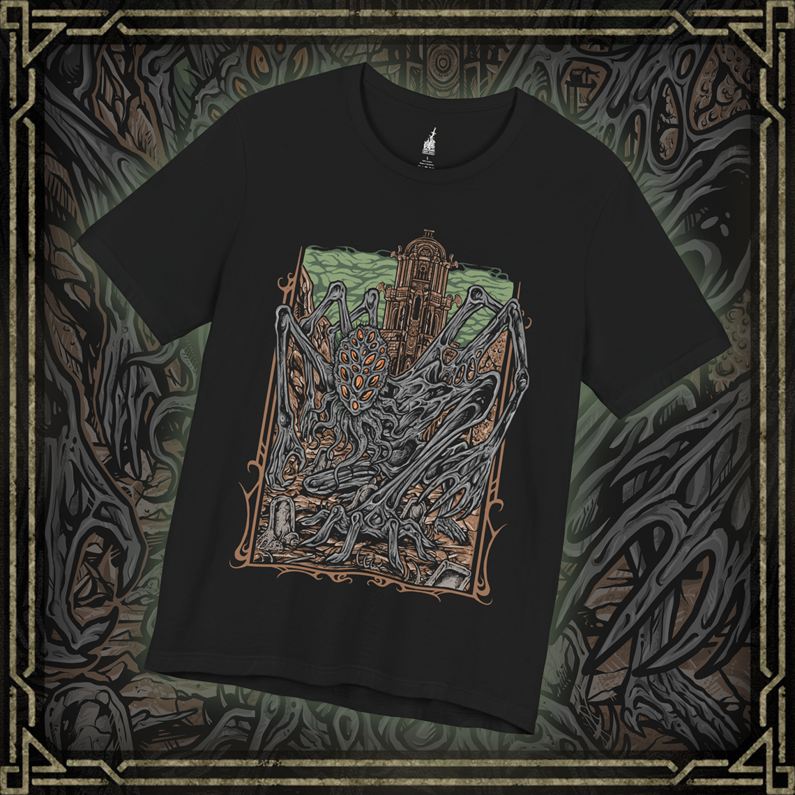 Thumbnail of a T-shirt featuring Amygdala from Bloodborne, the towering Great One worshiped by the insane and unseen by most. With countless arms and a grotesque, otherworldly form, Amygdala embodies cosmic dread and the insignificance of humanity before the eldritch. This design captures its nightmarish beauty, a haunting icon of Yharnam’s cosmic horror.