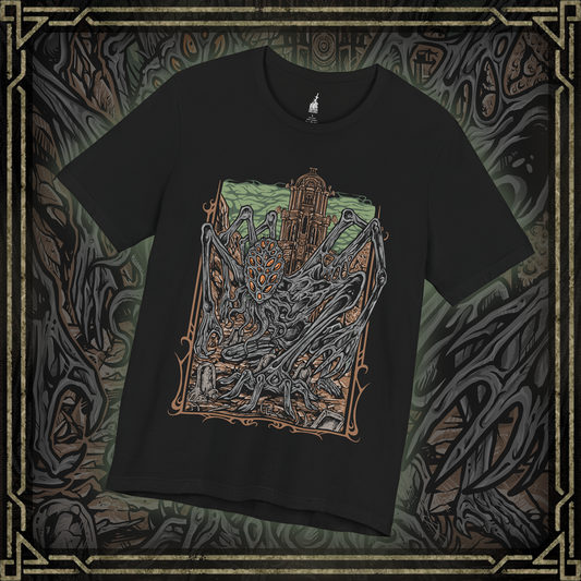 Thumbnail of a T-shirt featuring Amygdala from Bloodborne, the towering Great One worshiped by the insane and unseen by most. With countless arms and a grotesque, otherworldly form, Amygdala embodies cosmic dread and the insignificance of humanity before the eldritch. This design captures its nightmarish beauty, a haunting icon of Yharnam’s cosmic horror.