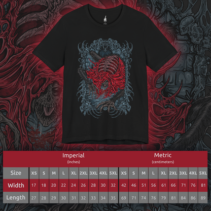 Size chart of a T-shirt featuring the Blood-Starved Beast from Bloodborne, a grotesque, emaciated creature wrapped in rotting flesh and dripping with plague. Lurking in Old Yharnam, this frenzied abomination embodies the city’s festering sickness and the horrors unleashed by forbidden blood. This design captures the beast’s twisted, skeletal frame and ravenous fury—an eerie symbol of the hunt’s decaying world.