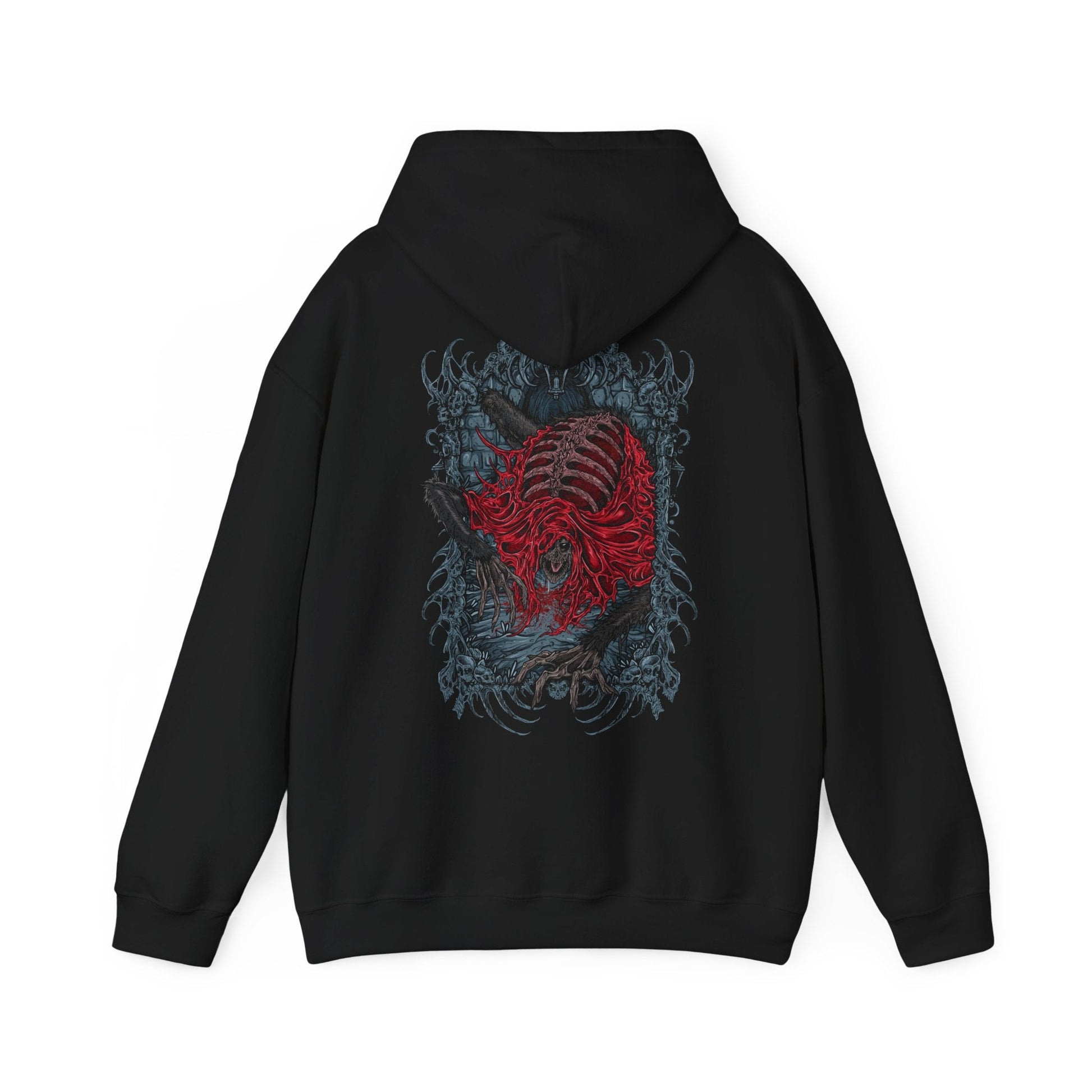 Image 5 of a Hooded Sweatshirt showcasing the Blood-Starved Beast, one of Bloodborne’s most unsettling foes. With its gaunt body and twitching movements, this terrifying creature exudes poison and plague, a reflection of Yharnam’s corrupted blood rites. The design highlights its haunting presence and erratic savagery, making it a perfect tribute to Bloodborne’s atmosphere of rot, ruin, and madness.