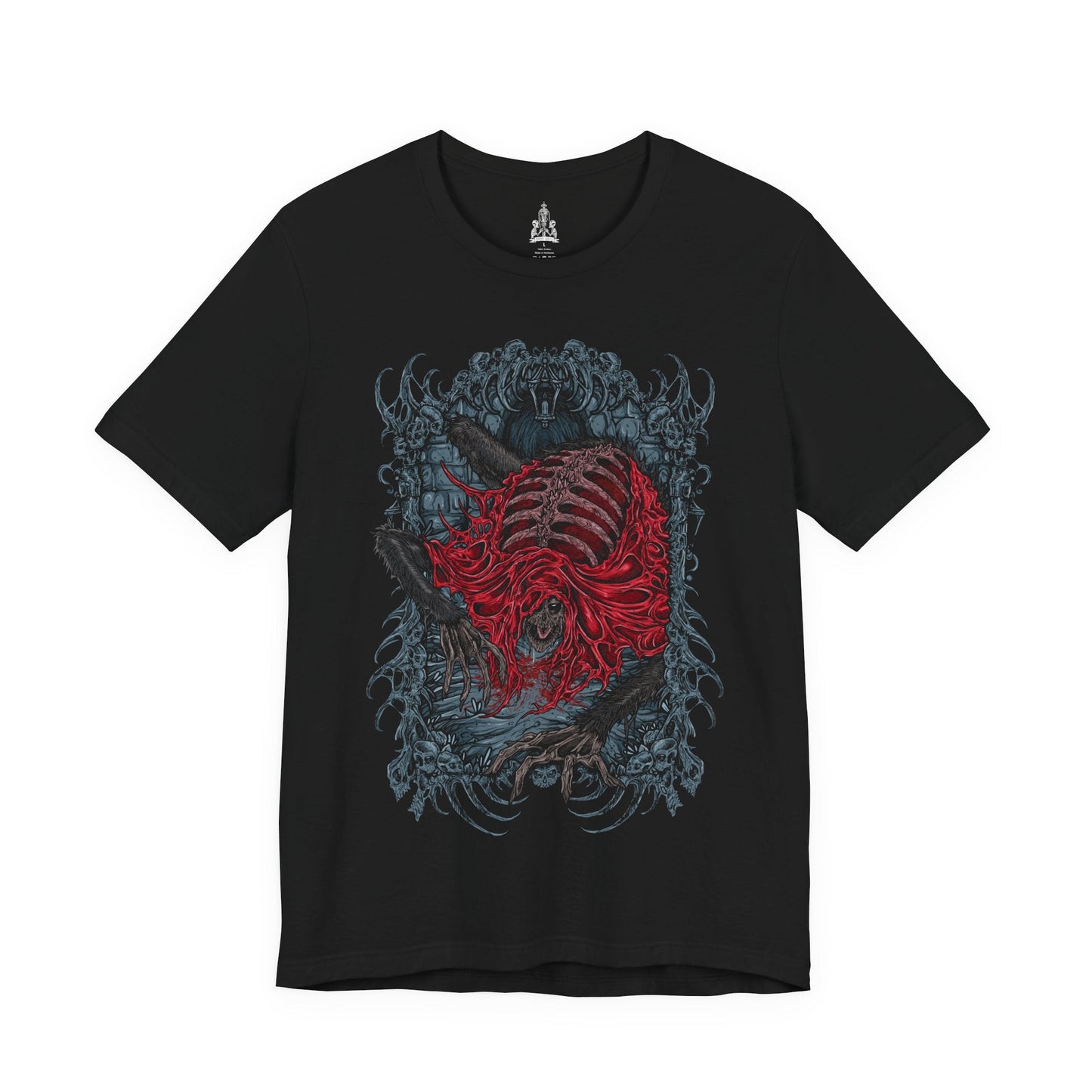 Image 4 of a T-shirt featuring the Blood-Starved Beast from Bloodborne, a grotesque, emaciated creature wrapped in rotting flesh and dripping with plague. Lurking in Old Yharnam, this frenzied abomination embodies the city’s festering sickness and the horrors unleashed by forbidden blood. This design captures the beast’s twisted, skeletal frame and ravenous fury—an eerie symbol of the hunt’s decaying world.